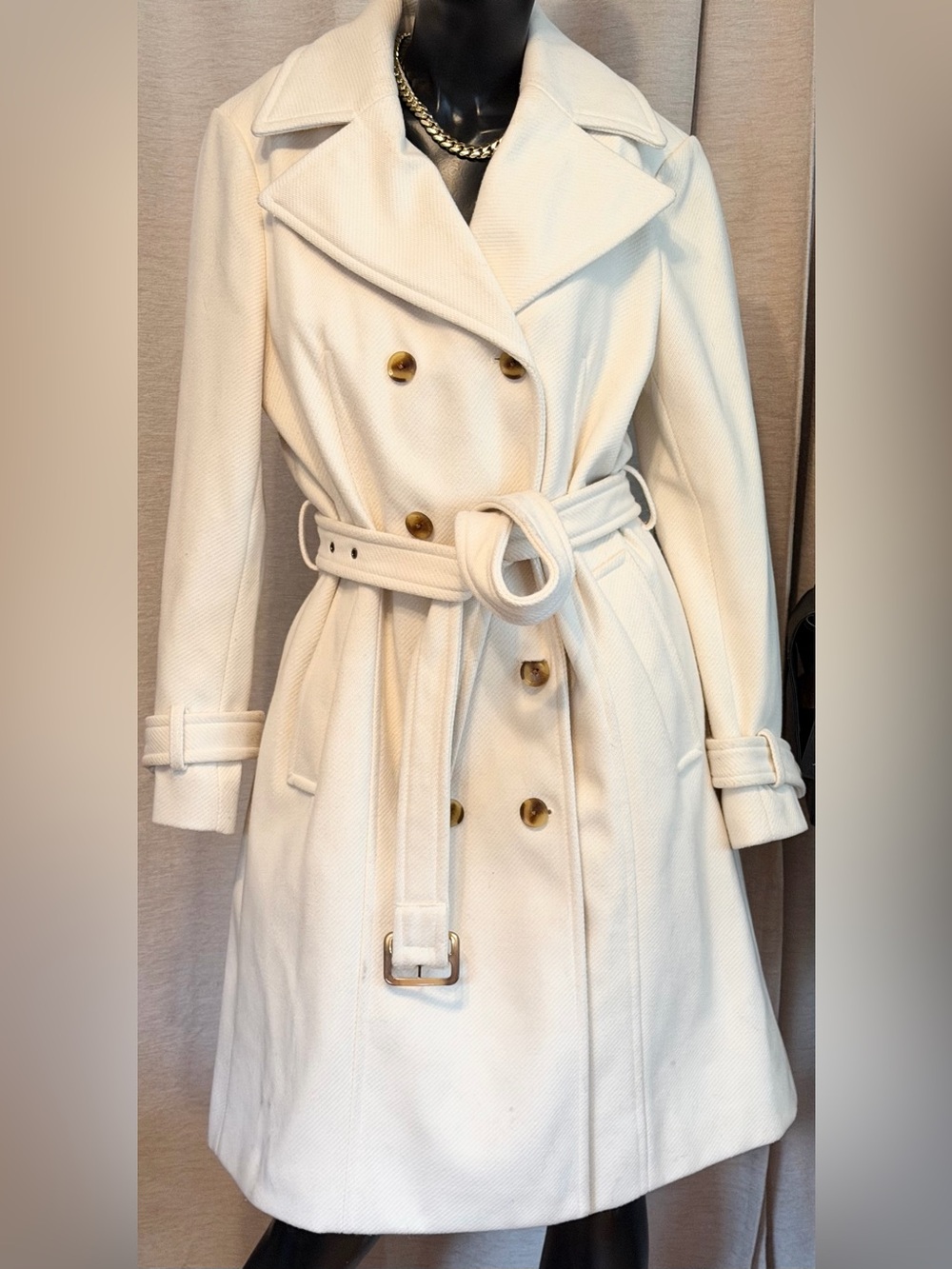 BCBGeneration Cream Double-Breasted Belted Trench Coat with Gold Buttons